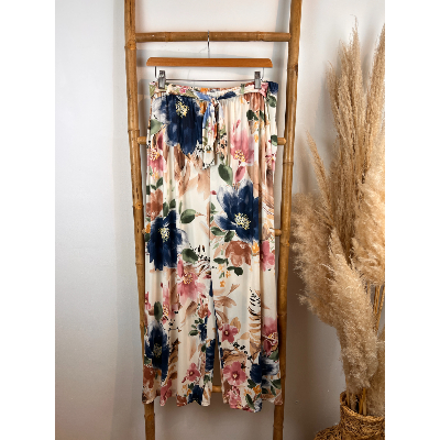 Palazzo pantalon fluide imprimé floral fleurs bleues grande taille