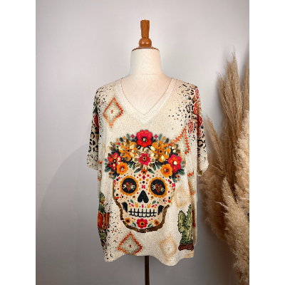 Pull lurex manches courtes Calavera grande taille