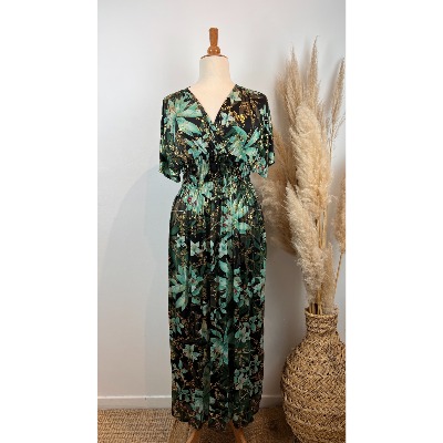 Robe longue magique du 38 au 52 fleurs vertes fond noir