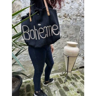 Sac en coton anses cuir bohème - noir