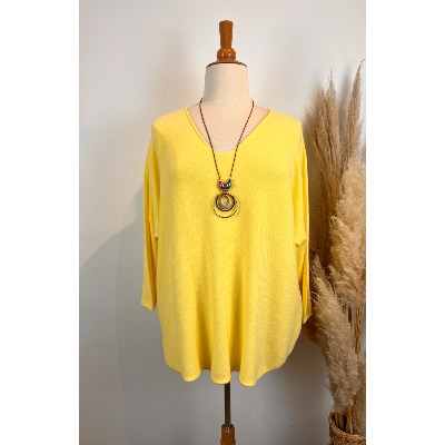 Pull col v uni + collier grande taille