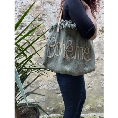 Sac en coton anses cuir bohème - kaki
