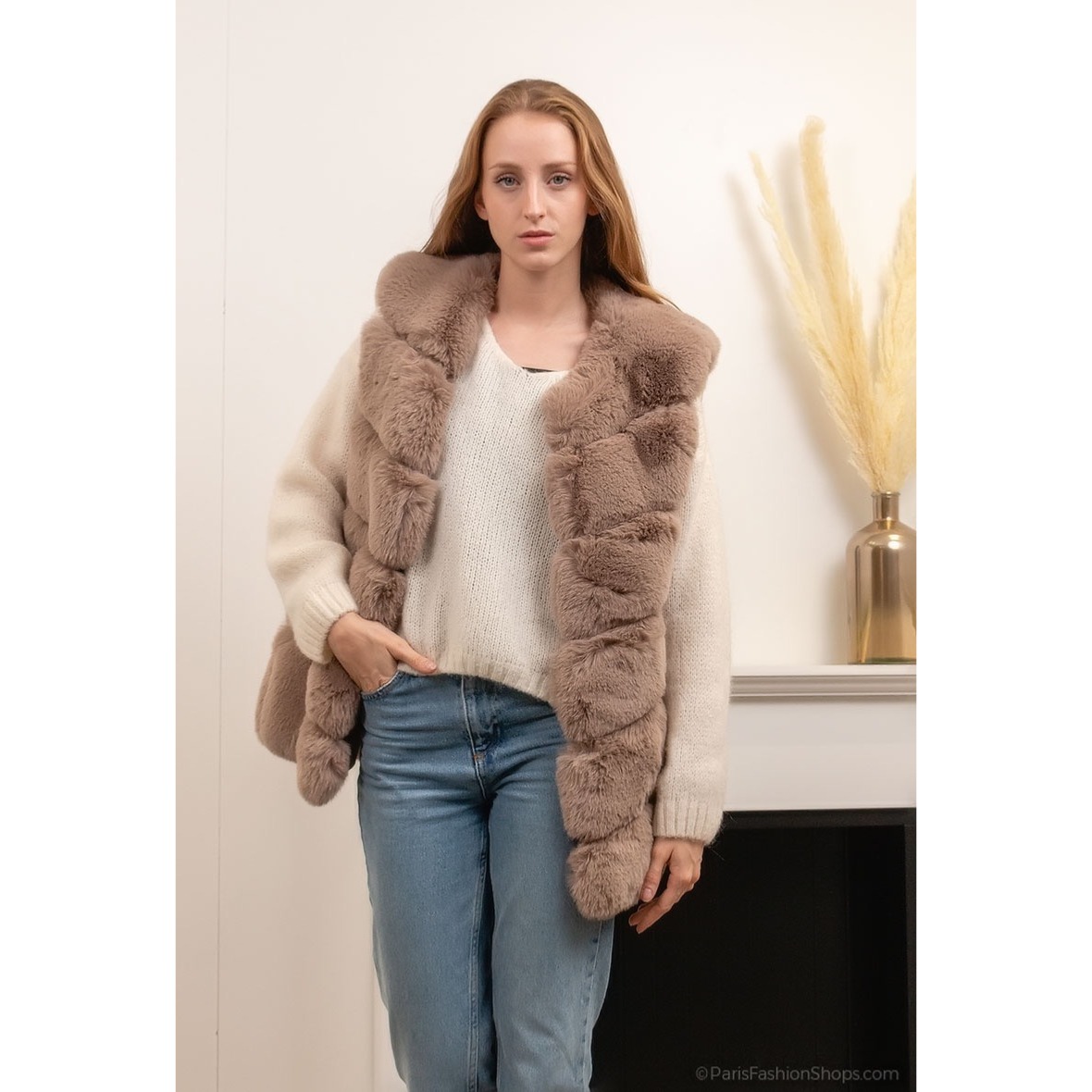 Veste Sans Manche Fausse Fourrure Marron Glacé