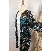 Kimono en soie imprimé tropical vert canard grande taille