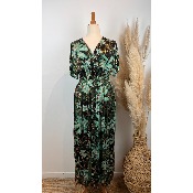 Robe longue magique du 38 au 52 fleurs vertes fond noir