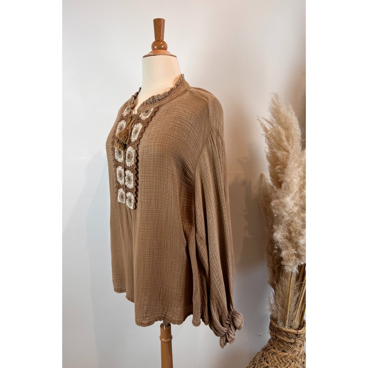 Tunique boh?�me camel coton et crochet grande taille