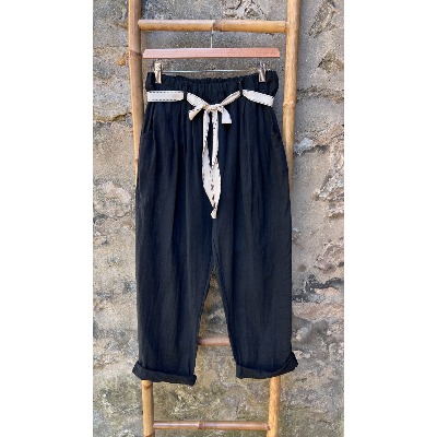Pantalon 7/8 ème lin et coton + ceinture grande taille