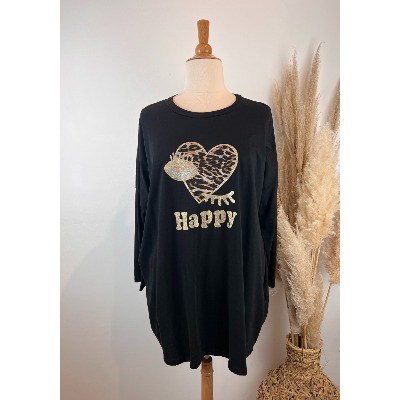 T-shirt coton manches longues cœur léopard happy grande taille